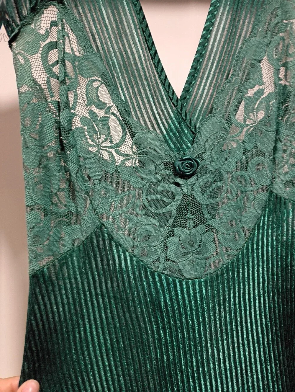 Vintage Sheer Emerald Lace Cross Back Night Gown - Picture 3 of 6